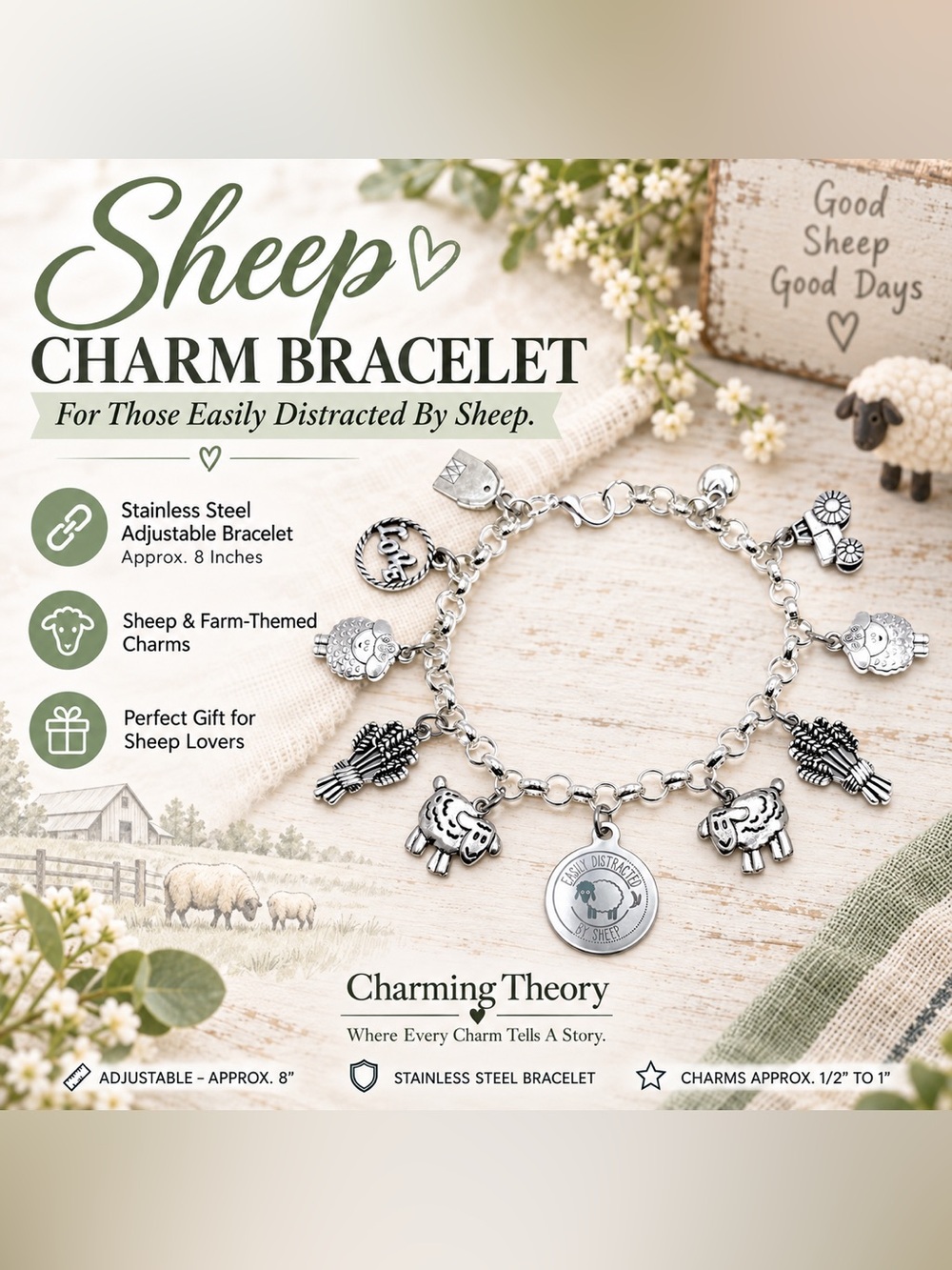 Sheep Charm Bracelet โ Sheep Lover & Farmer Gift